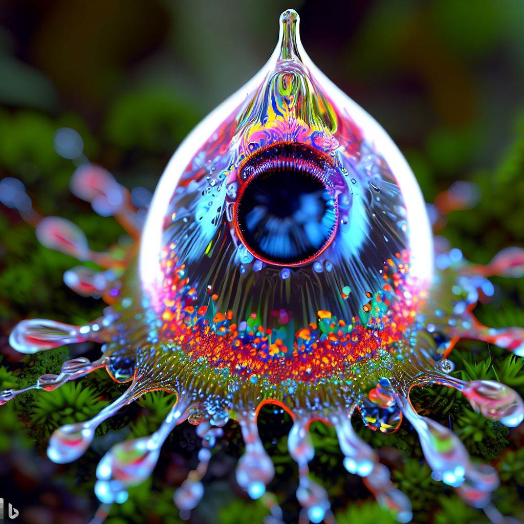 9- 3D hyper-detailed joyfully bursting spattering raindrop with multi-colored nano-circuitry iris-stroma living breathing eye-pupil at its core, spattering wet rainforest moss synapses, mirroring recursion.jpg